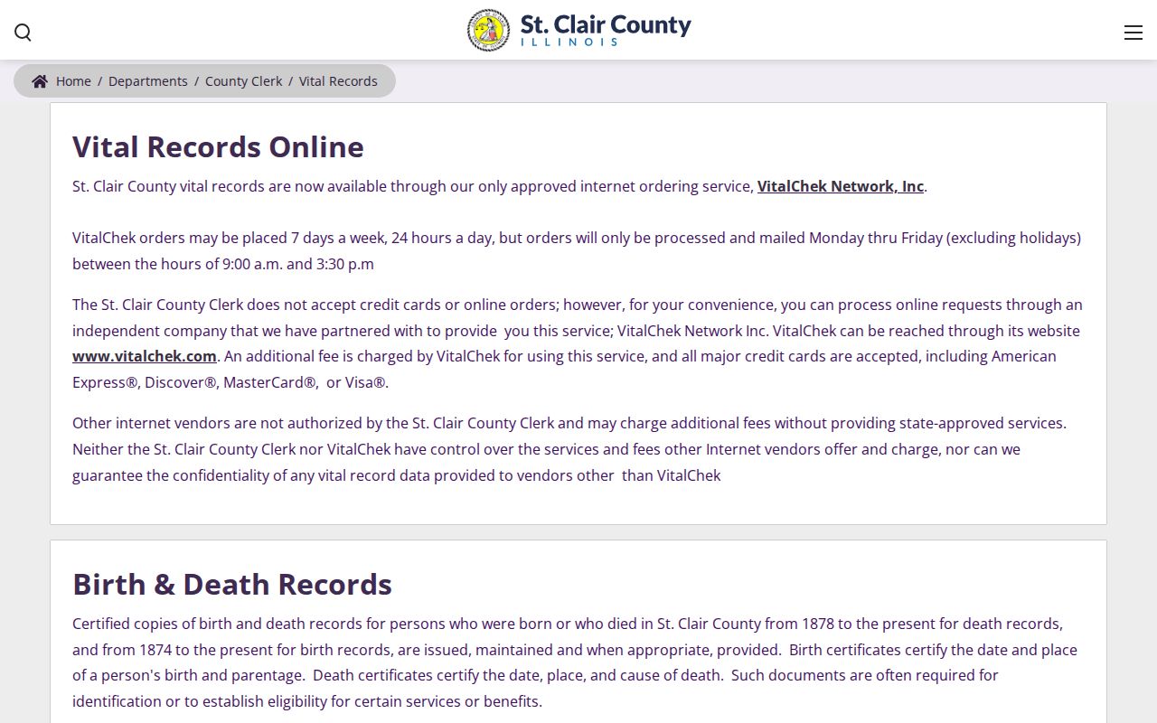 St. Clair County Clerk vital records access page for Belleville families
