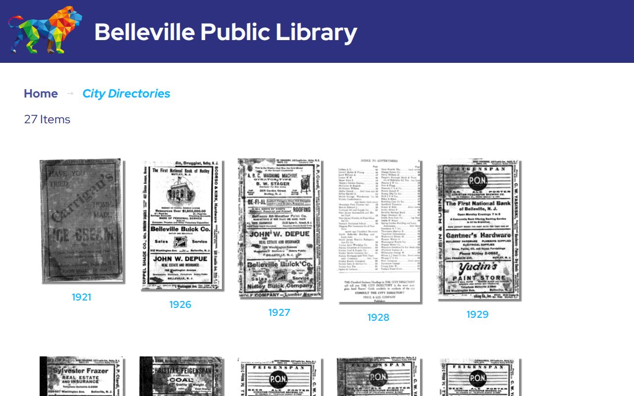Belleville digital city directory index with volumes from 1921 through 1972