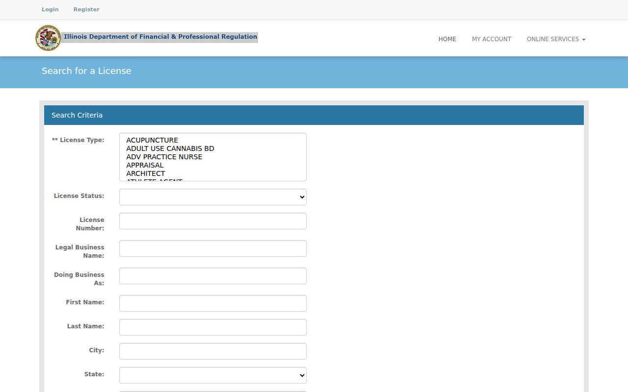 Illinois professional license lookup used with Belleville ZIP and name details